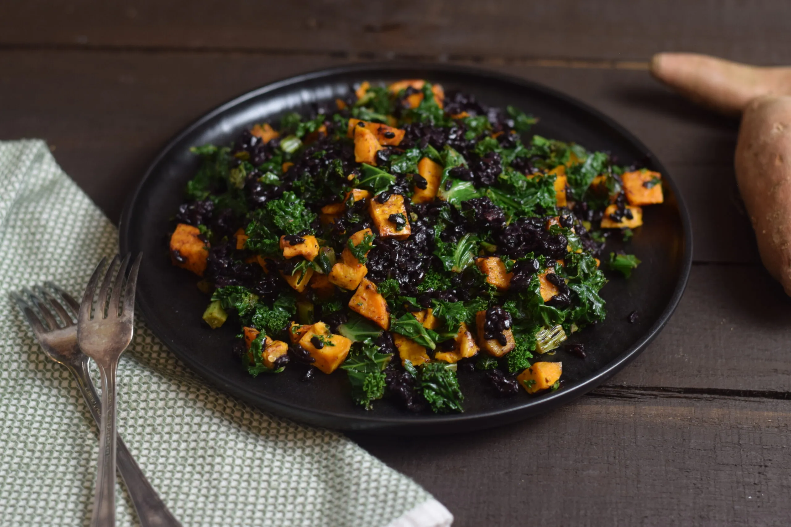 Sweet Potato, Kale, and Black Coconut Rice